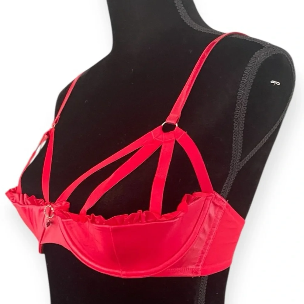 Savage X Fenty Red Glossy Flossy Caged Quarter Cup Bra Womens 32C Gogi Berry Red